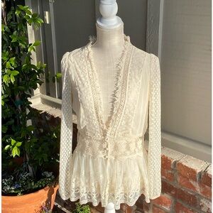 Lace-Trim Peplum Blouse in Cream